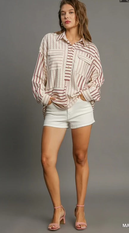 Willa Mauve Striped Textured Half Button Down