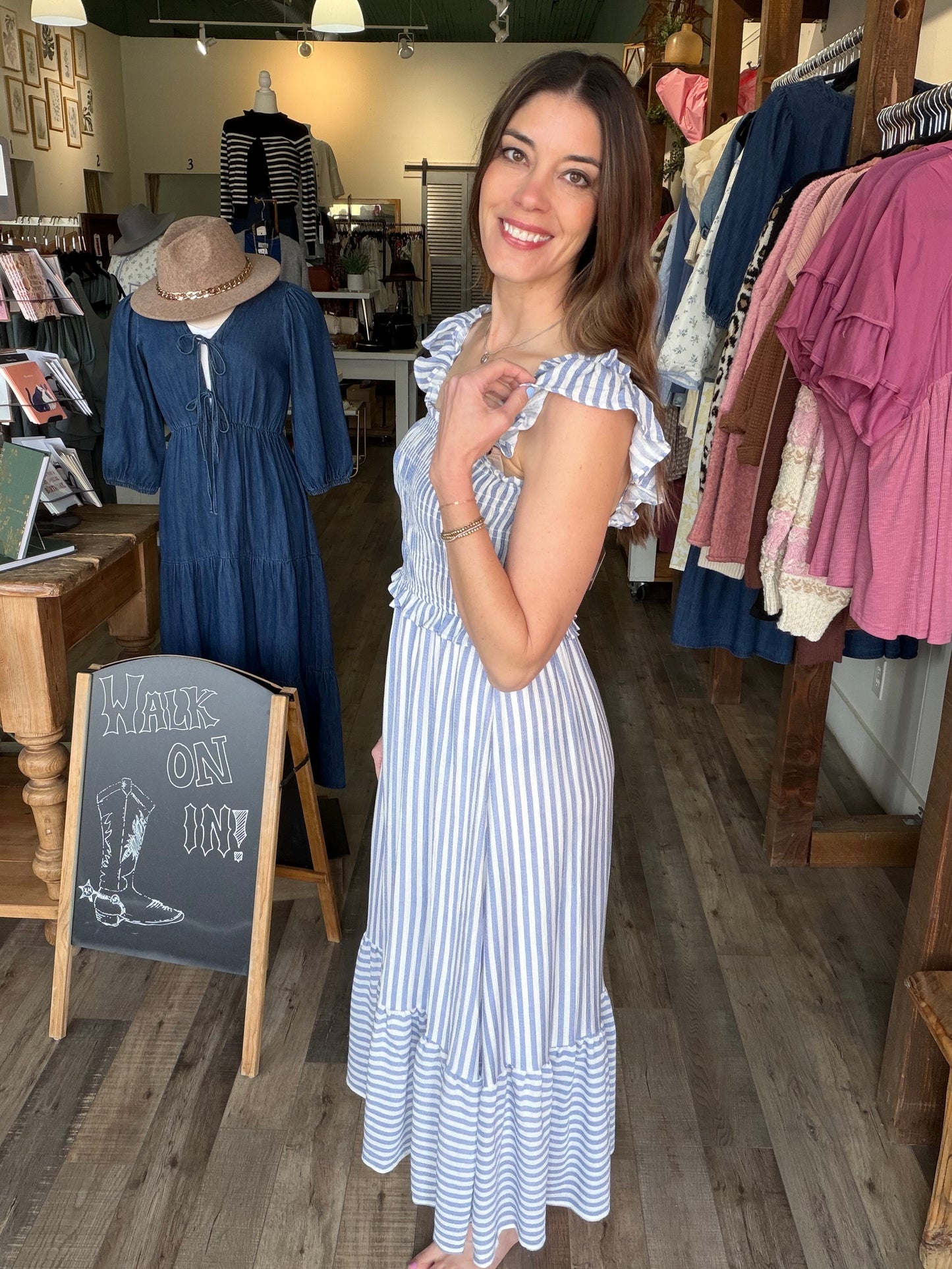 STRIPE SMOCKED RUFFLE TRIM MIDI DRESS