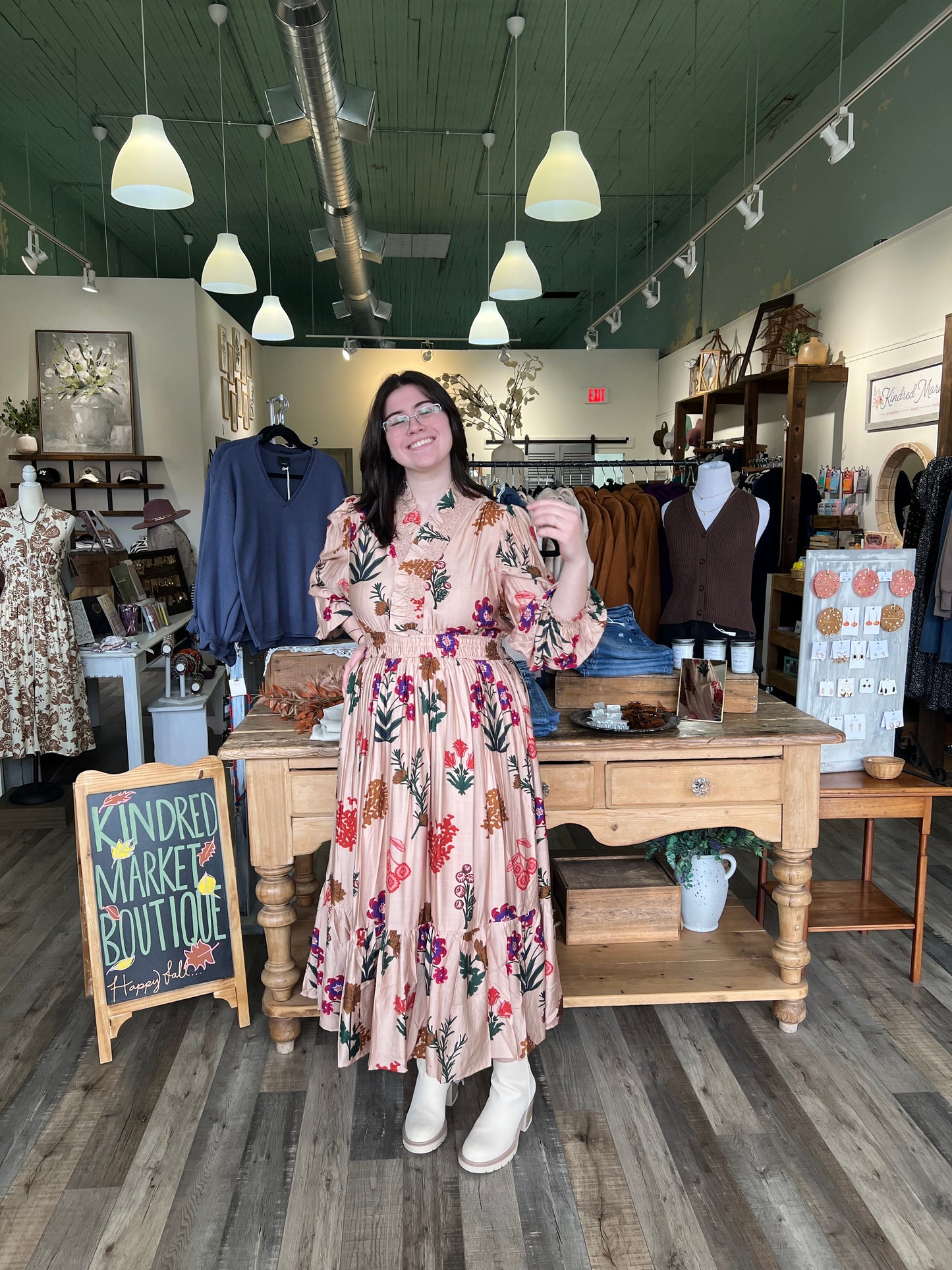 Kindell Tan Floral Midi Dress