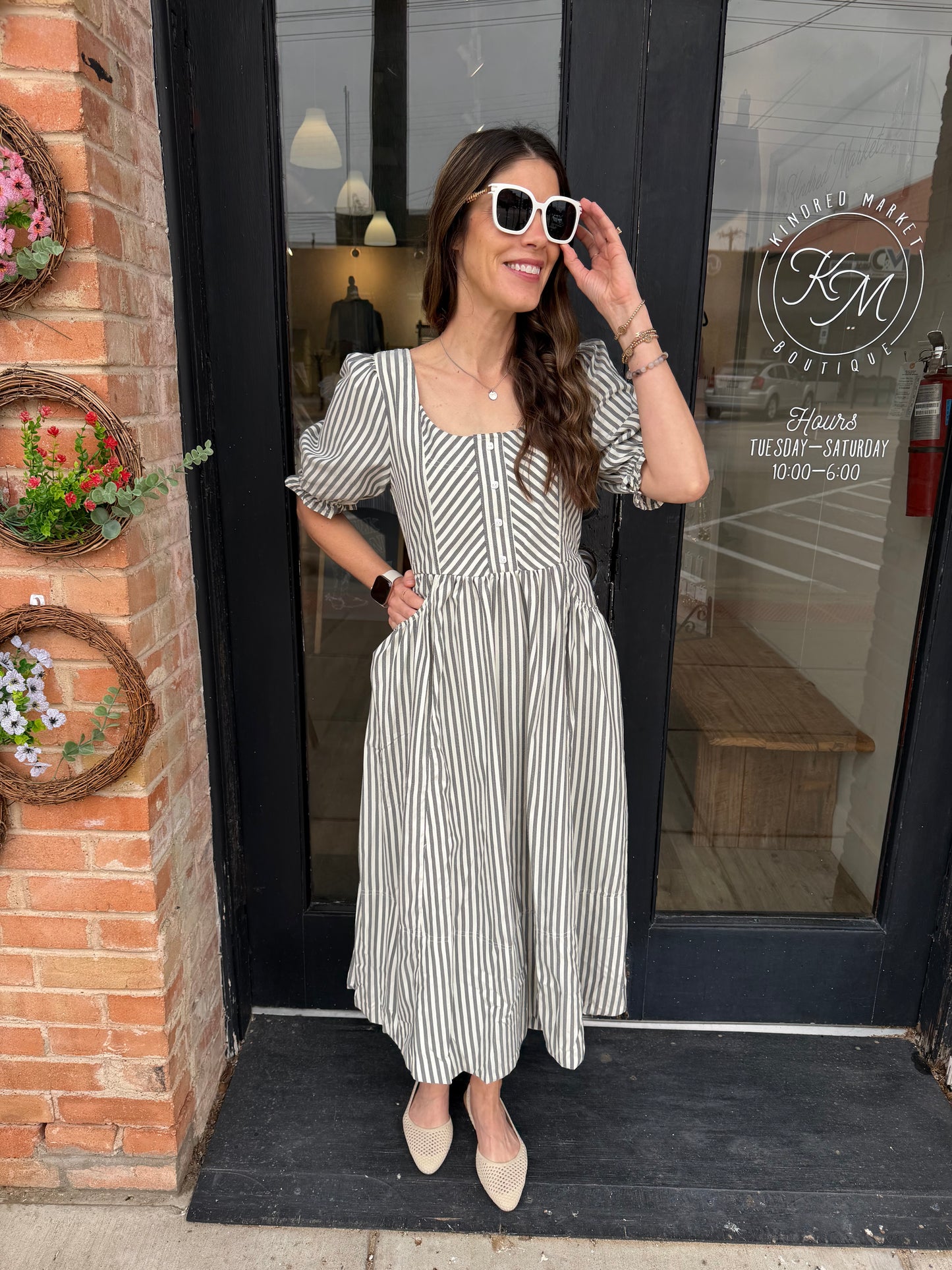 Elise Gray Striped Midi Dress