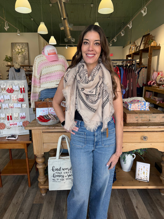 Large square scarves with bandana patterns