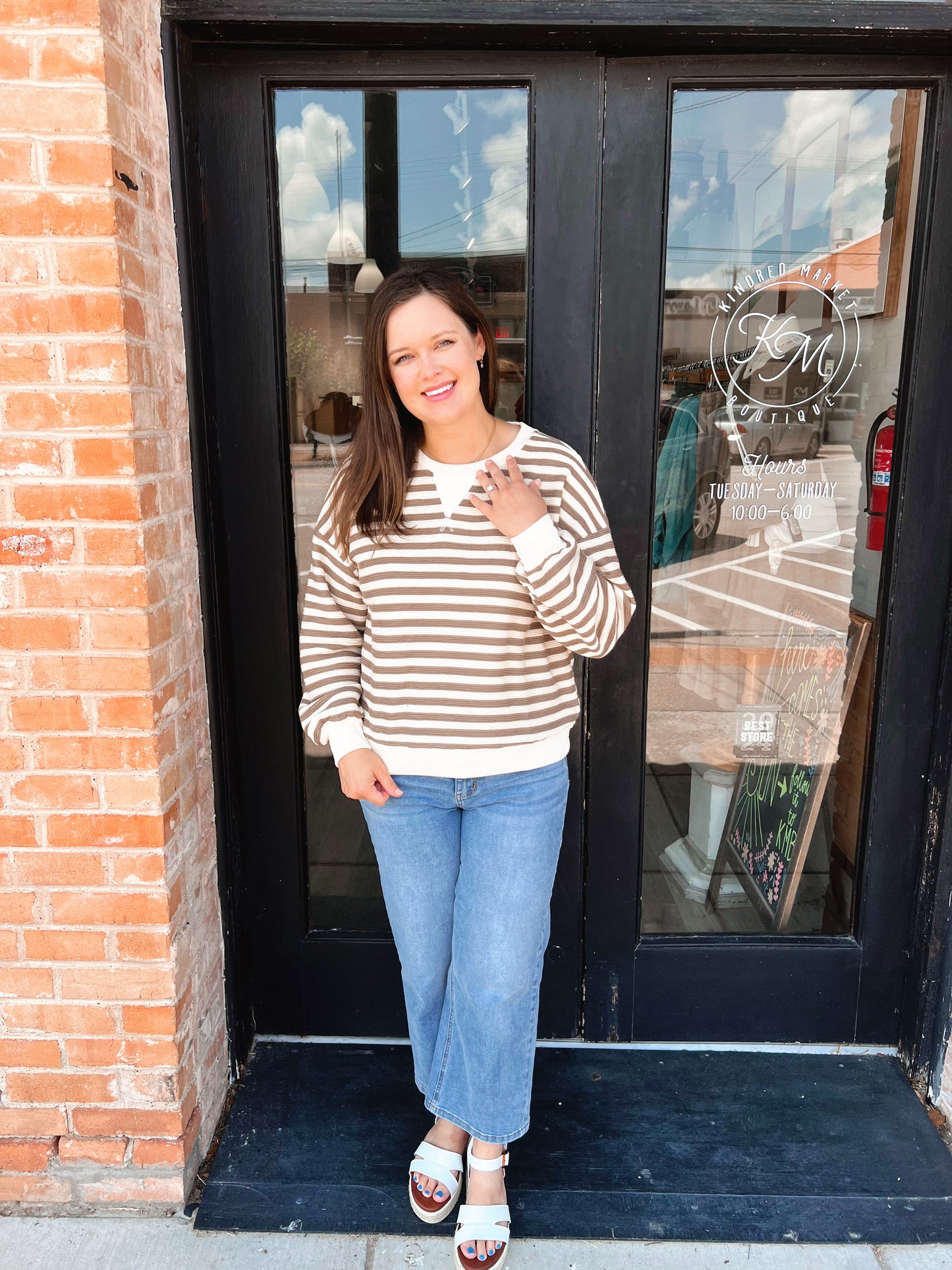 Haley Taupe Striped Ribbed Knit Long Sleeve Blouse