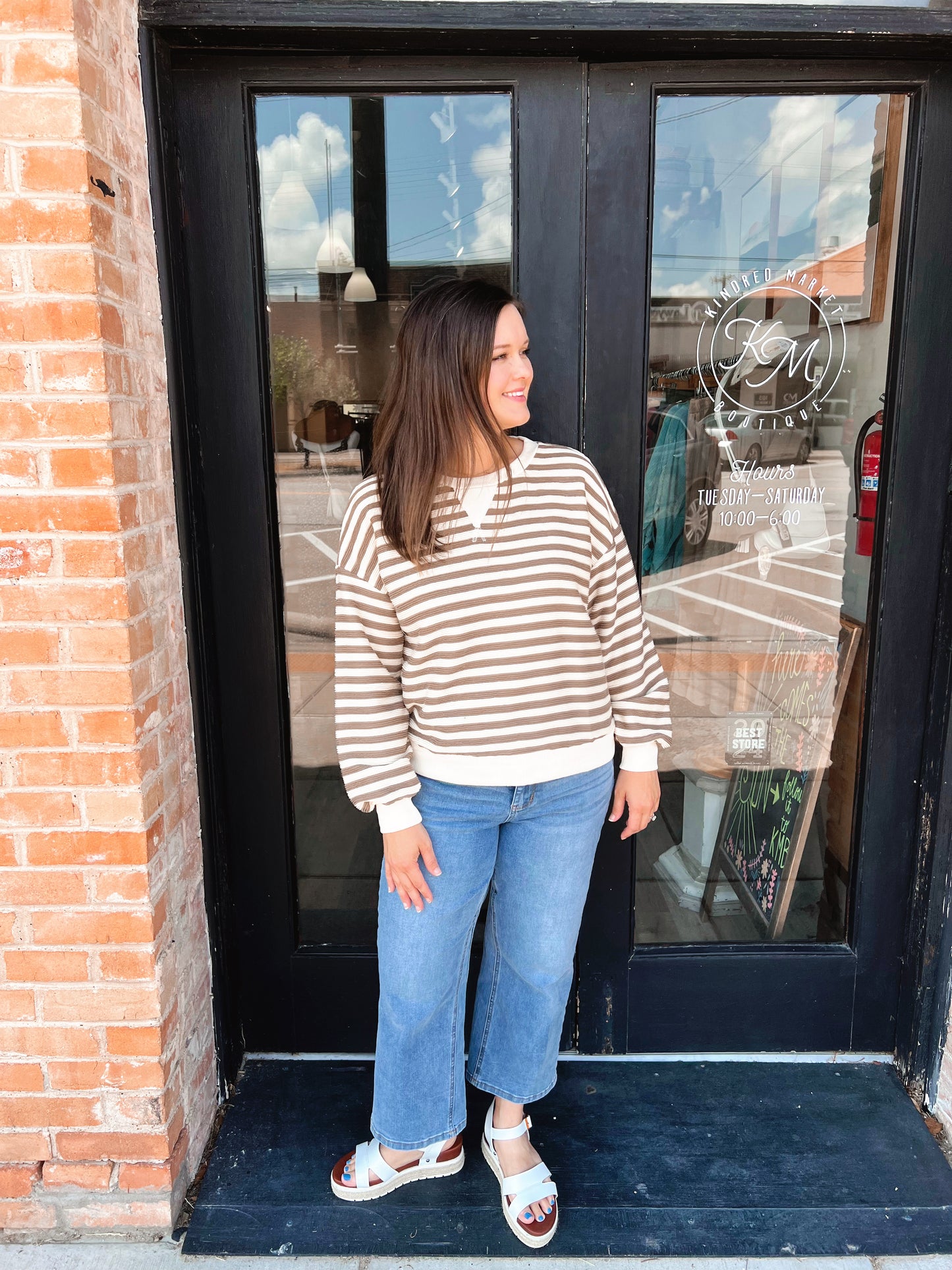 Haley Taupe Striped Ribbed Knit Long Sleeve Blouse