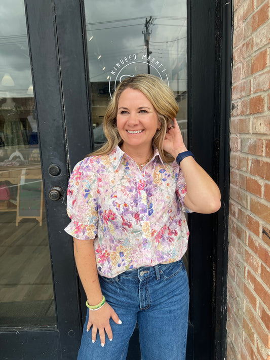 Gracie Floral Collared Ruffle Short Sleeve Blouse Tops