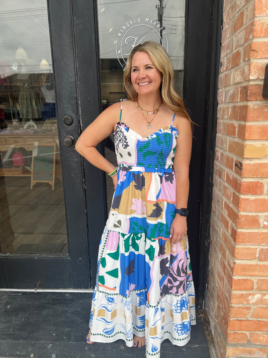 Smocked Graffiti Print Boho Cami Maxi Dress