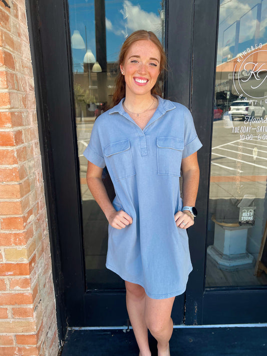 Georgie Dusty Blue Short Sleeve Mini Dress