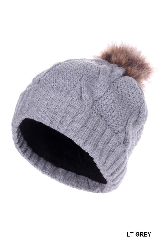 Cable Knit Pom Pom Lined Beanie