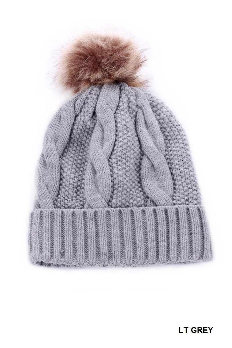 Cable Knit Pom Pom Lined Beanie