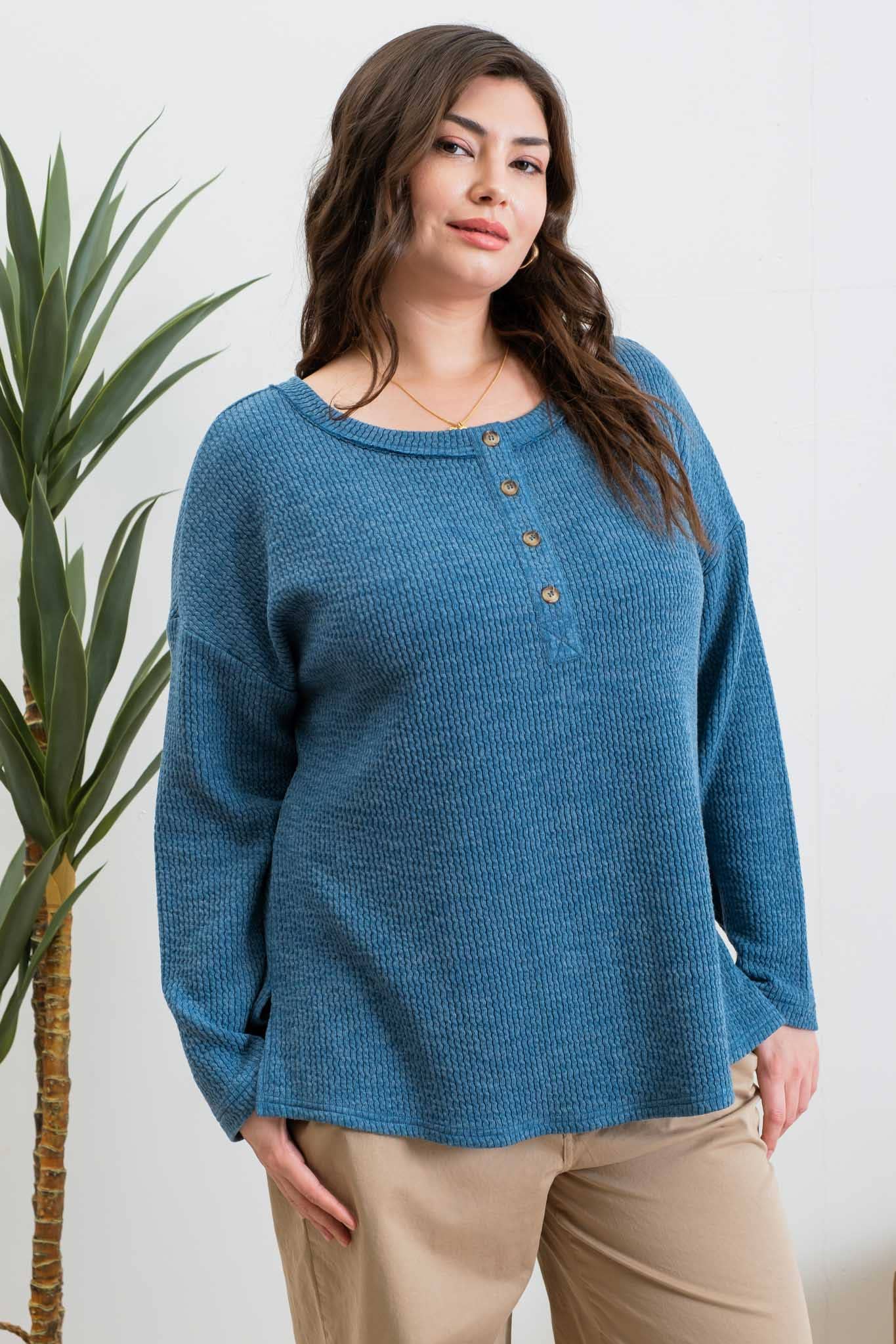 PLUS WAFFLE KNIT HENLEY LONG SLEEVE KNIT TOP