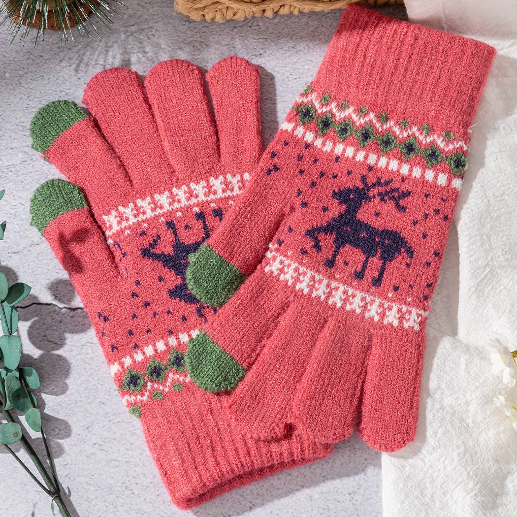 Winter Knit Gloves with Reindeer Pattern-Fair Isle Design
