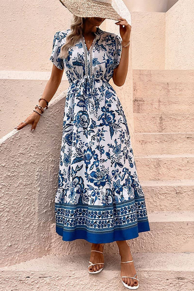 ETHNIC STYLE V-NECK SHORT SLEEVED MAXI DRESS