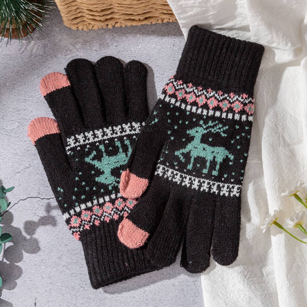 Winter Knit Gloves with Reindeer Pattern-Fair Isle Design