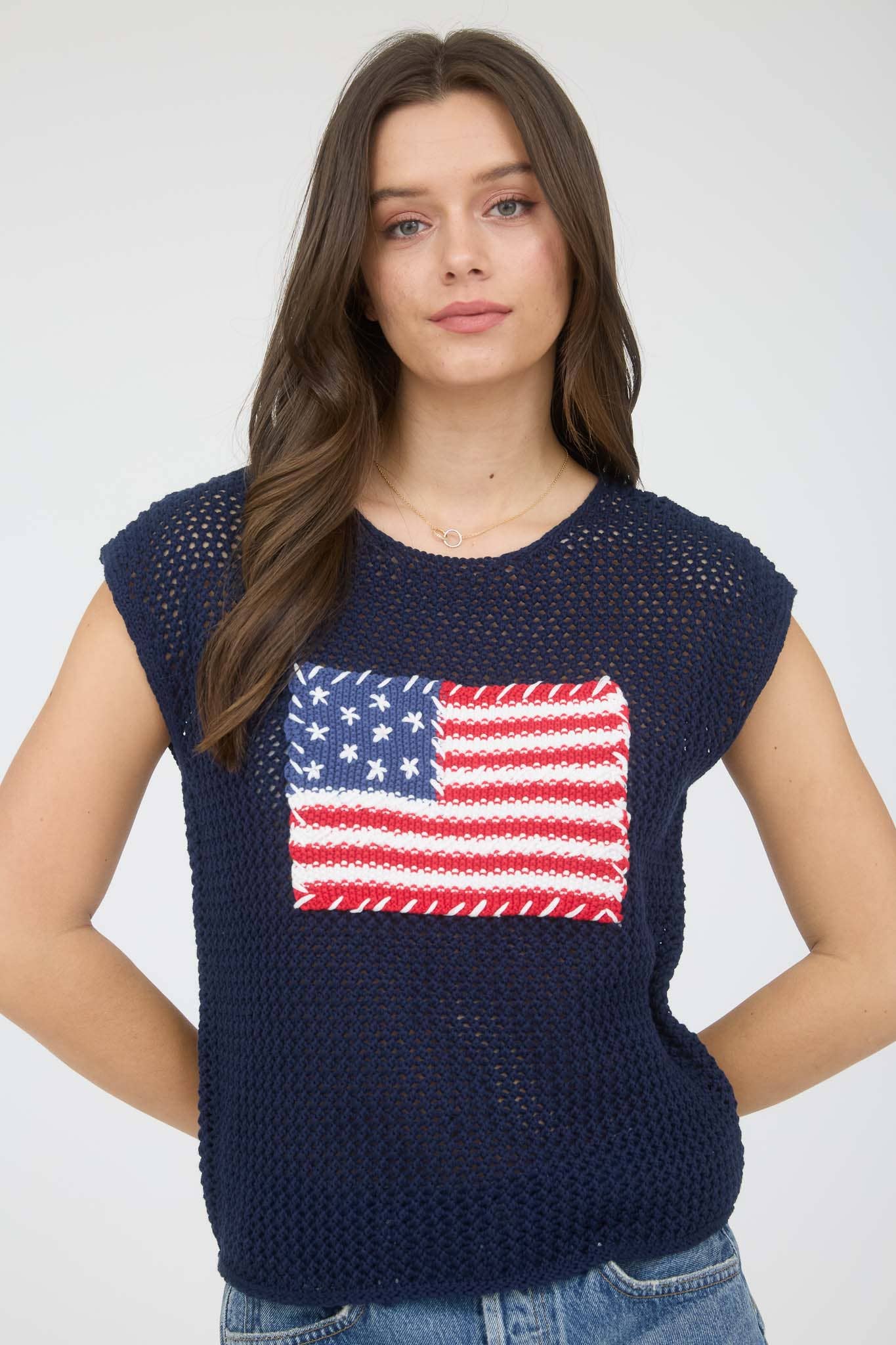 AMERICAN FLAG CROCHET KNIT SWEATER TOP