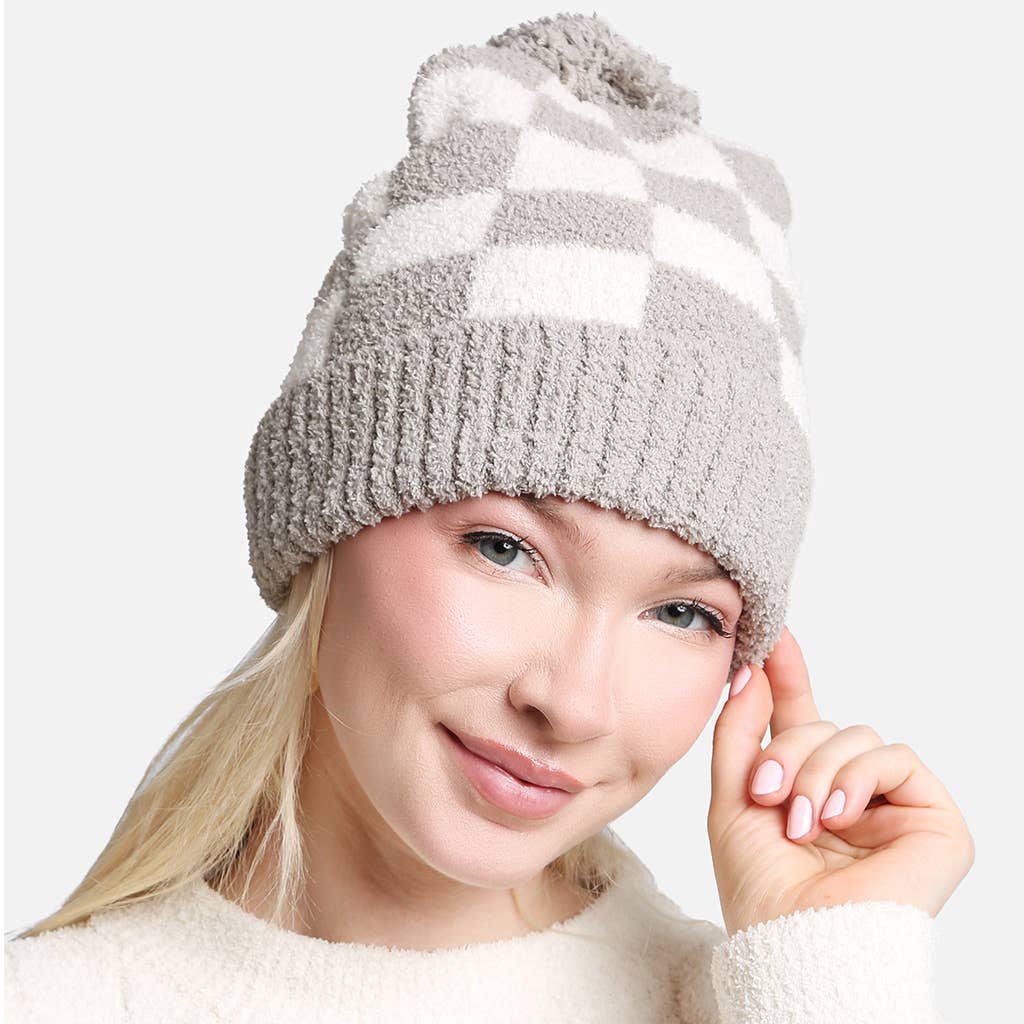 Buffalo Check Pattern Pom Pom Beanie Hat