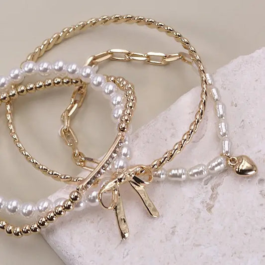 Bow Pearl Rhinestone Bar Stretch Bangle Set