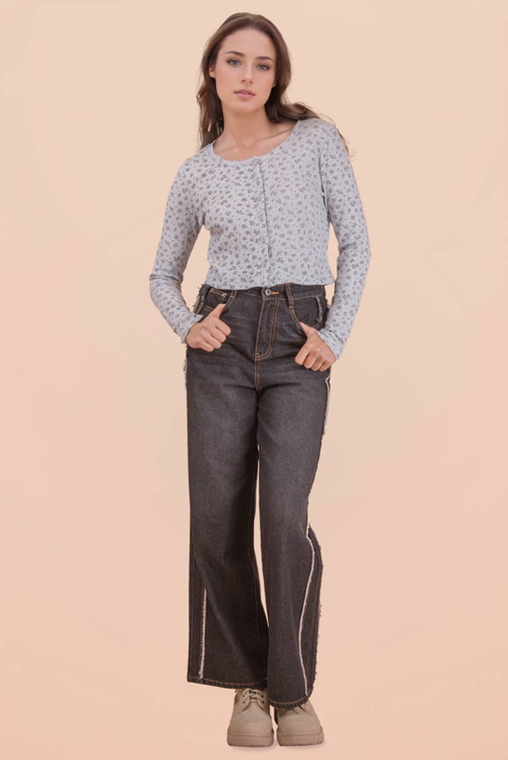 -Printed Button Down Knit Cardigan Top