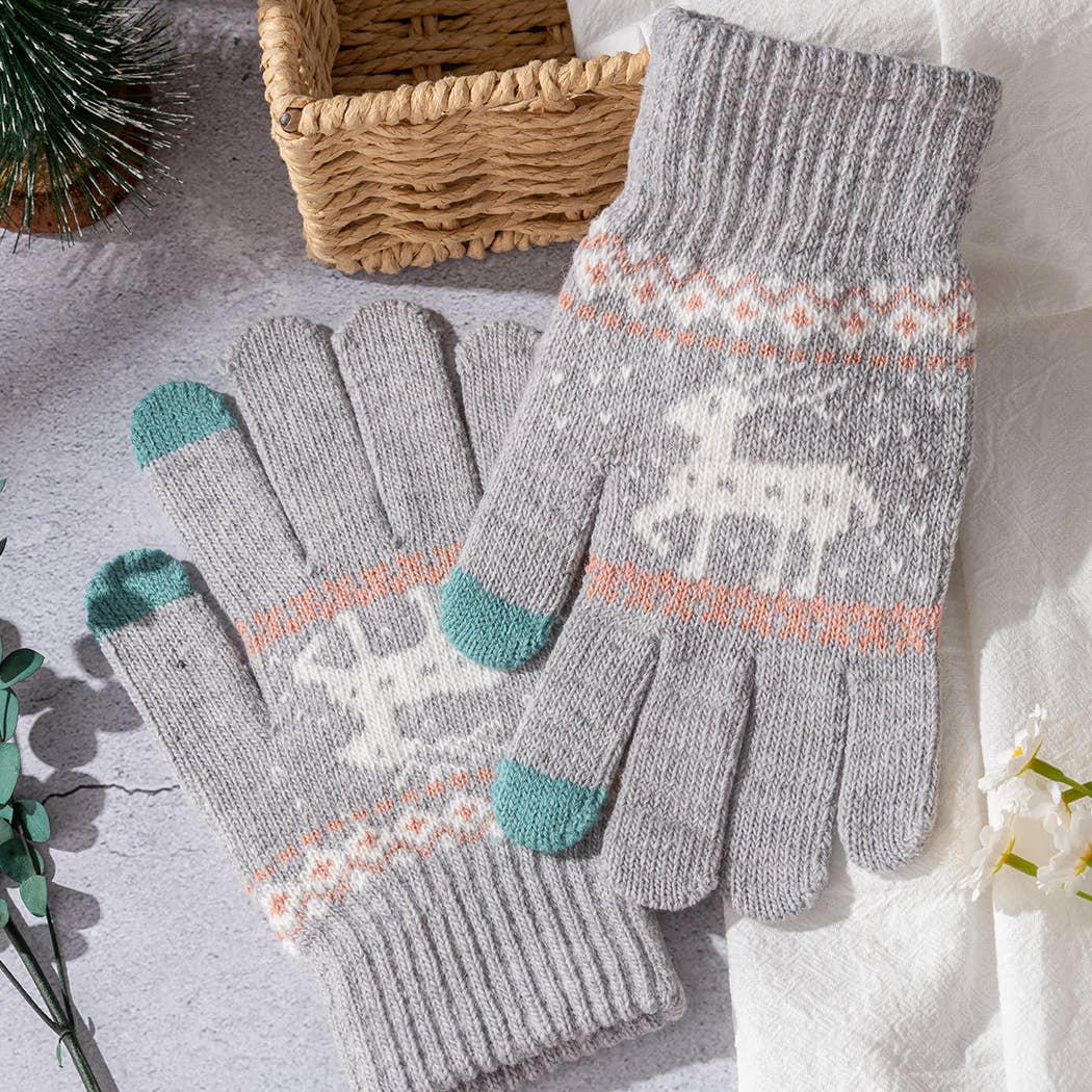 Winter Knit Gloves with Reindeer Pattern-Fair Isle Design