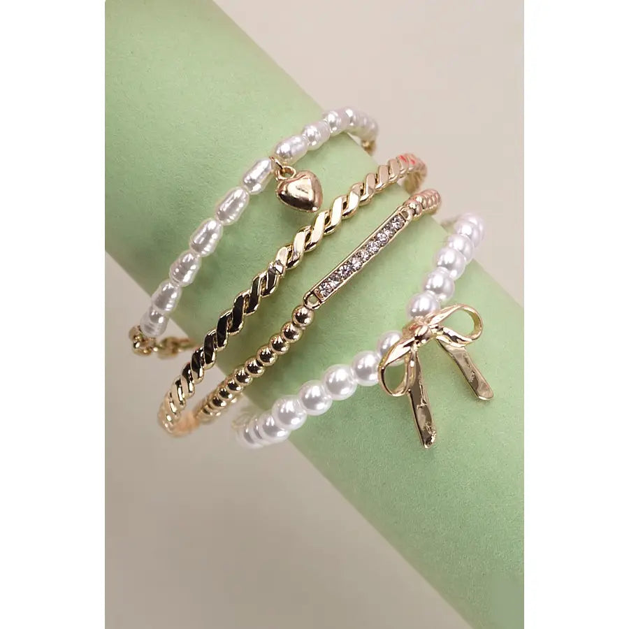 Bow Pearl Rhinestone Bar Stretch Bangle Set