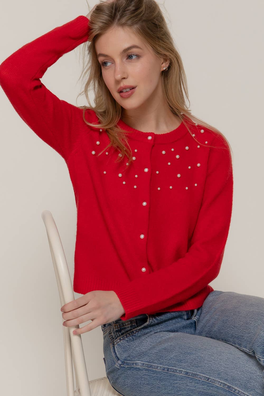 Long Sleeve Round Neck Pearl Embellished Sweater Cardigan
