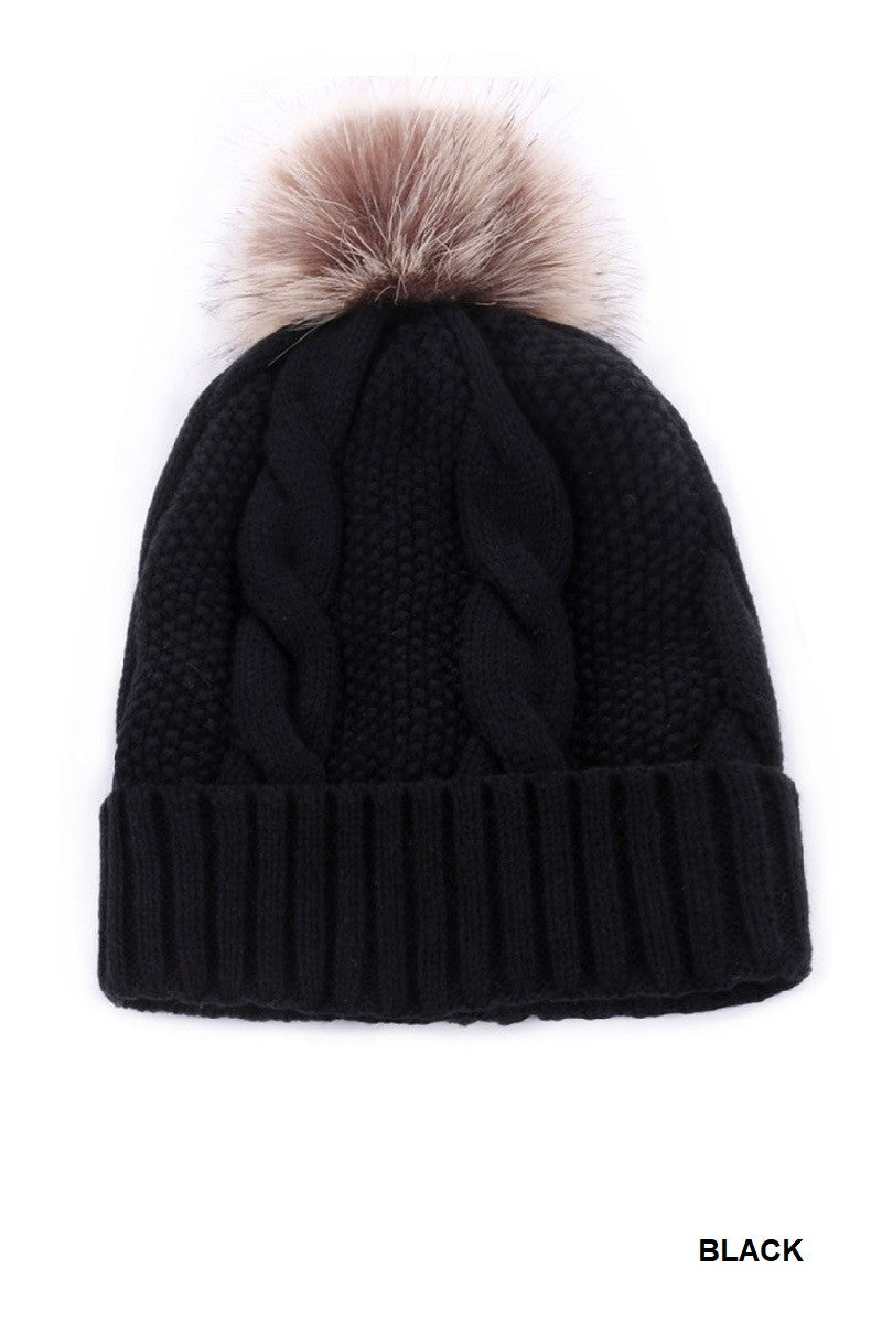 Cable Knit Pom Pom Lined Beanie