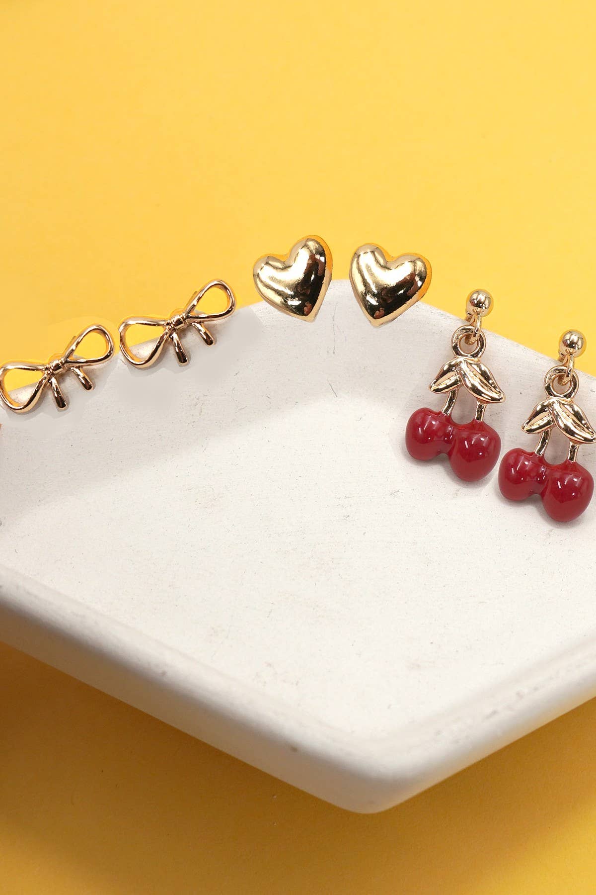 TRIO CHERRY BOW HEART STUD EARRINGS