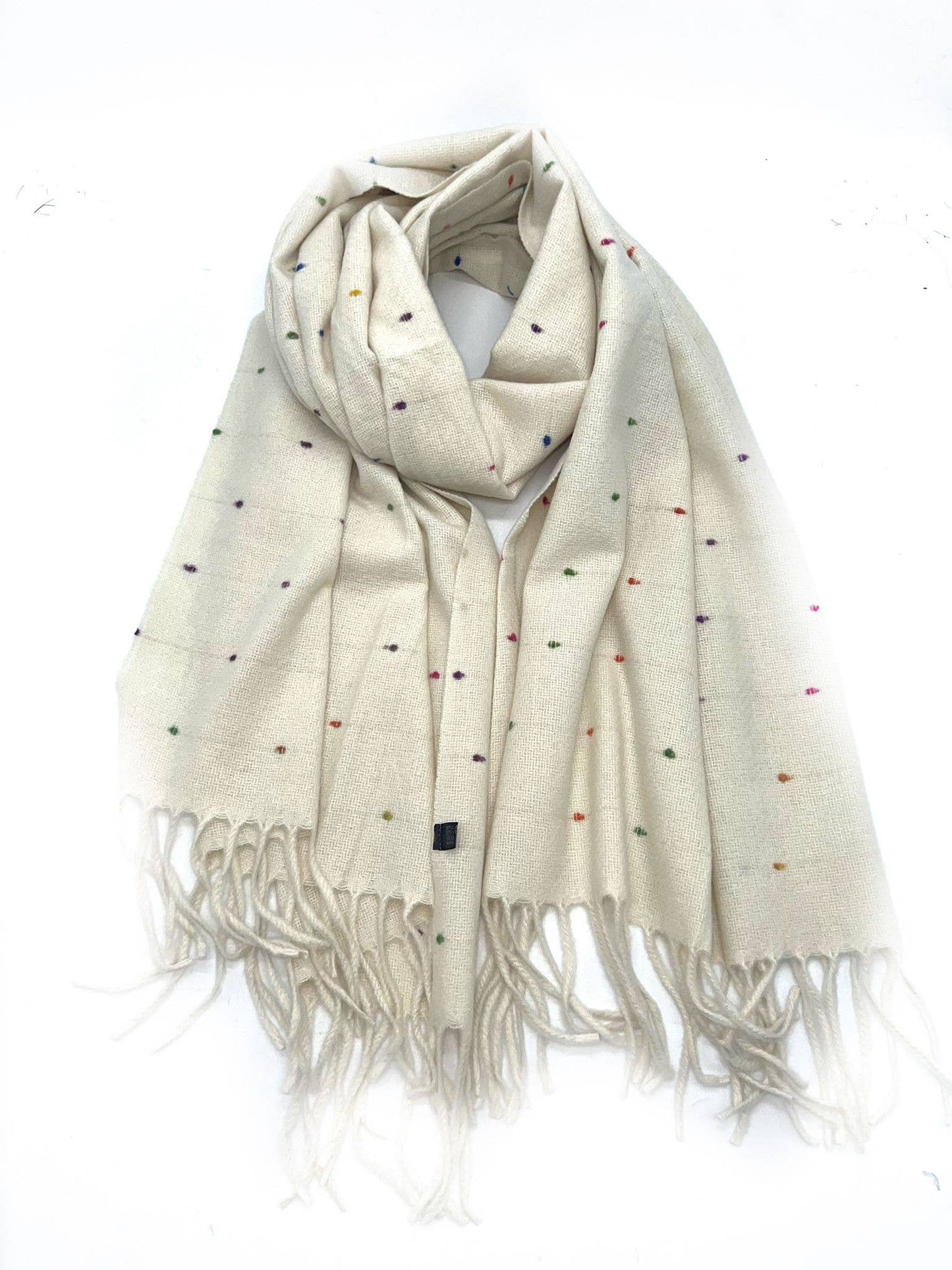Multicolored polka dot scarf with long fringe