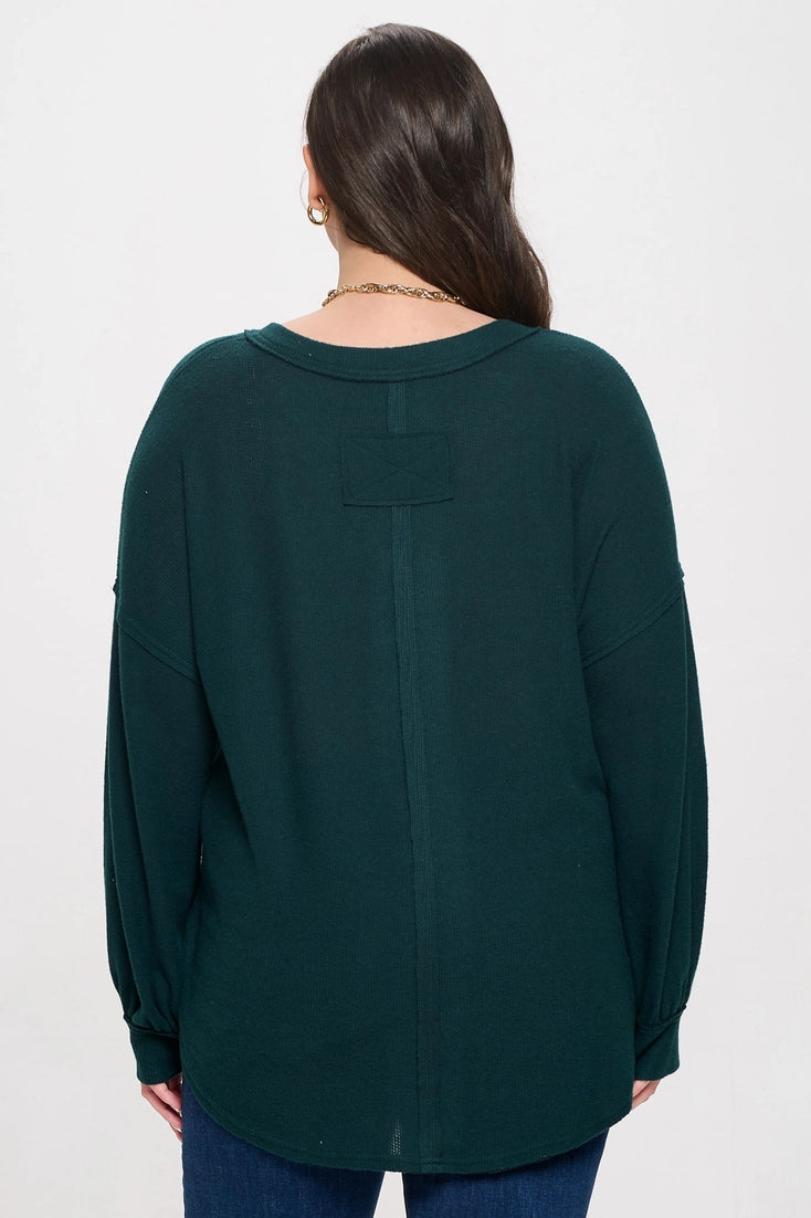 Destiny Plus V Neck Half Button Long Sleeve Top