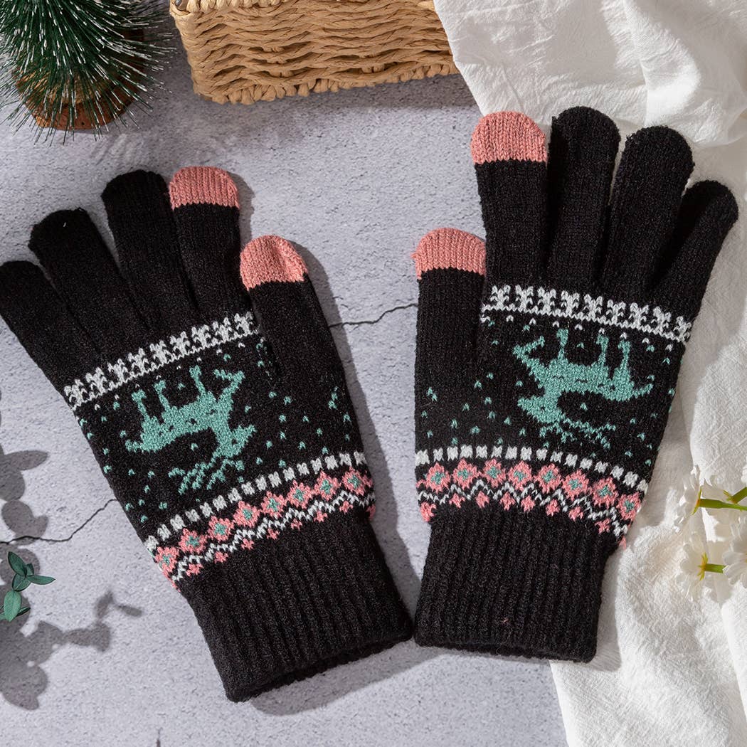 Winter Knit Gloves with Reindeer Pattern-Fair Isle Design