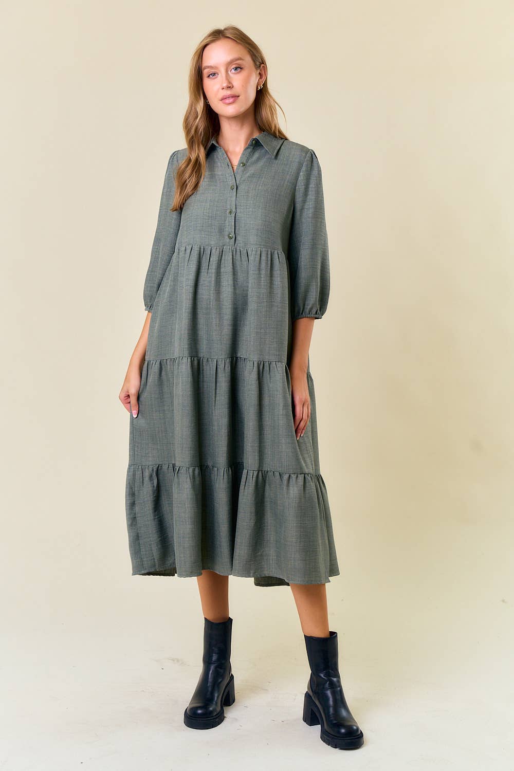 Half Button Down 3/4 Sleeve Tiered Midi Dress