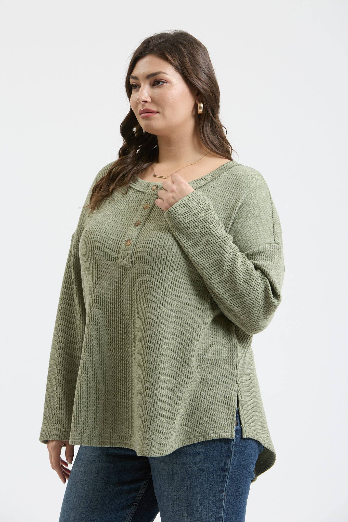 PLUS WAFFLE KNIT HENLEY LONG SLEEVE KNIT TOP