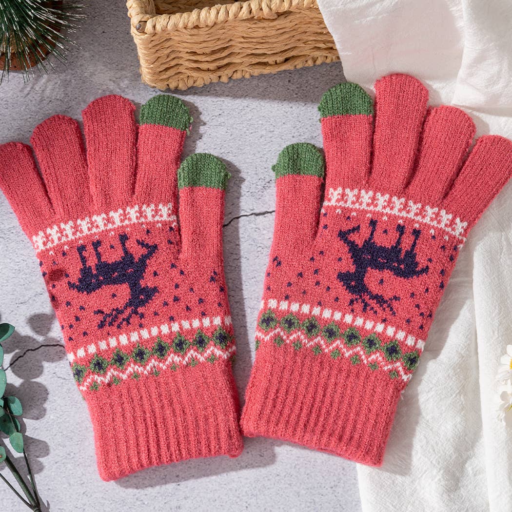 Winter Knit Gloves with Reindeer Pattern-Fair Isle Design