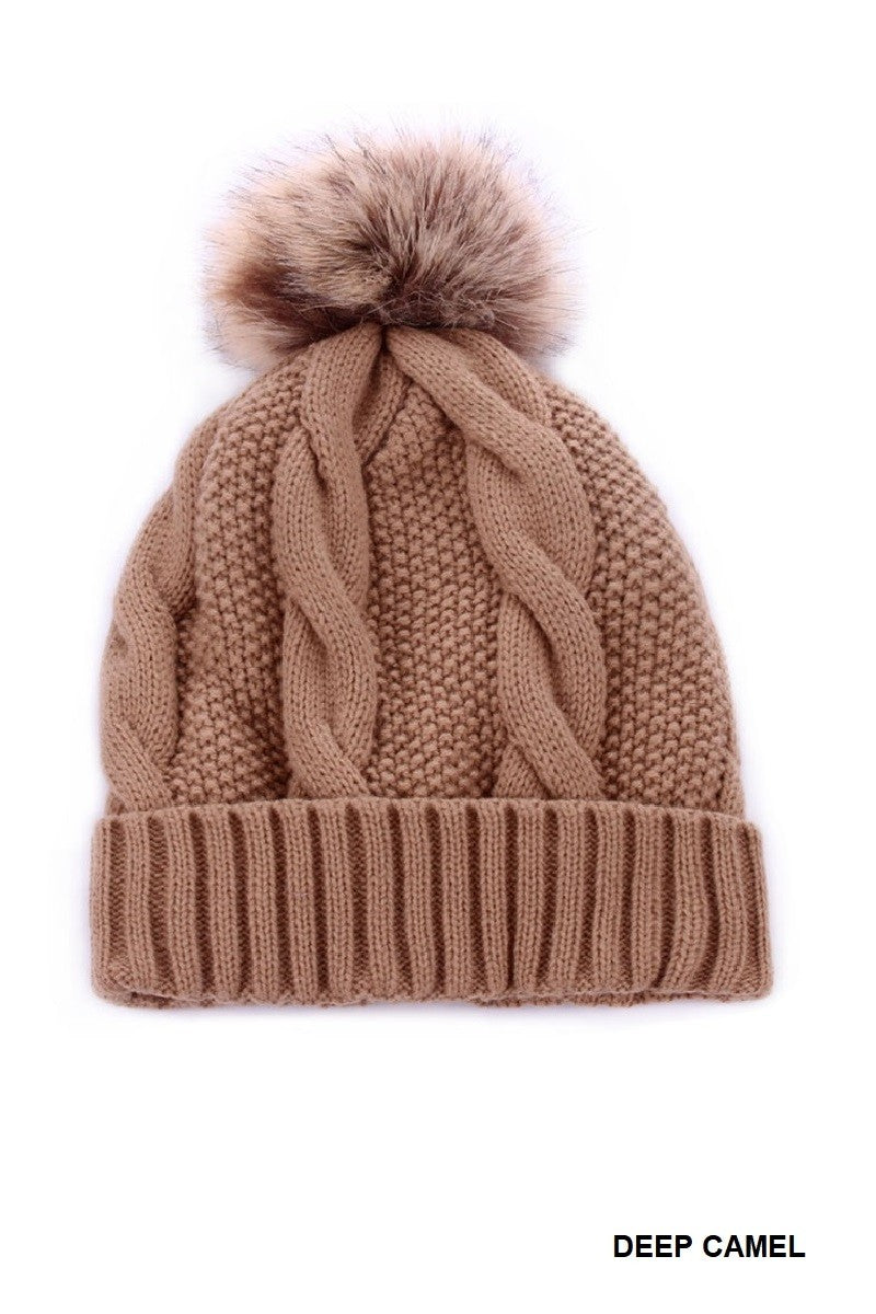 Cable Knit Pom Pom Lined Beanie