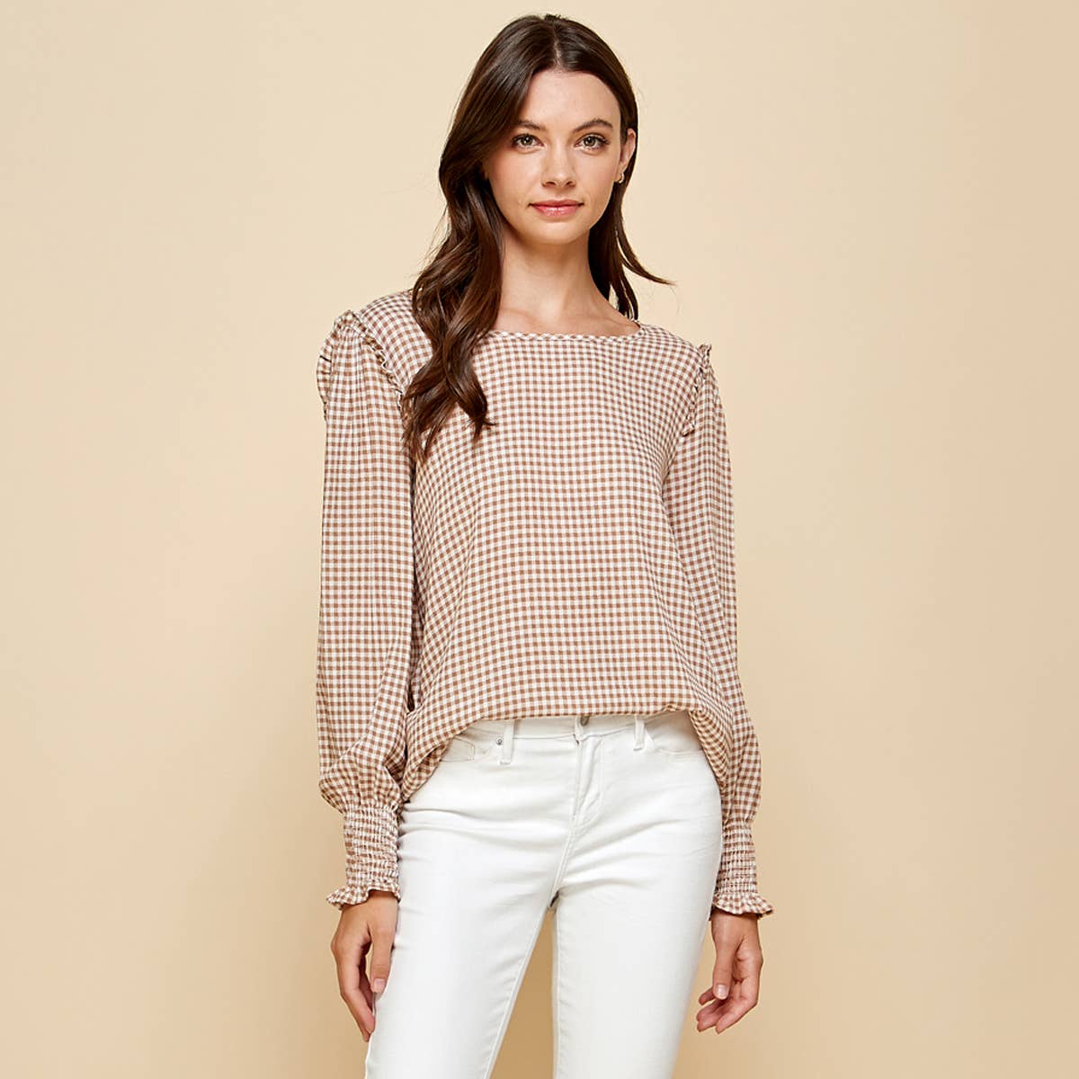 Plaid Top With Smocked Sleeves Detail and Ruffled Shoulder