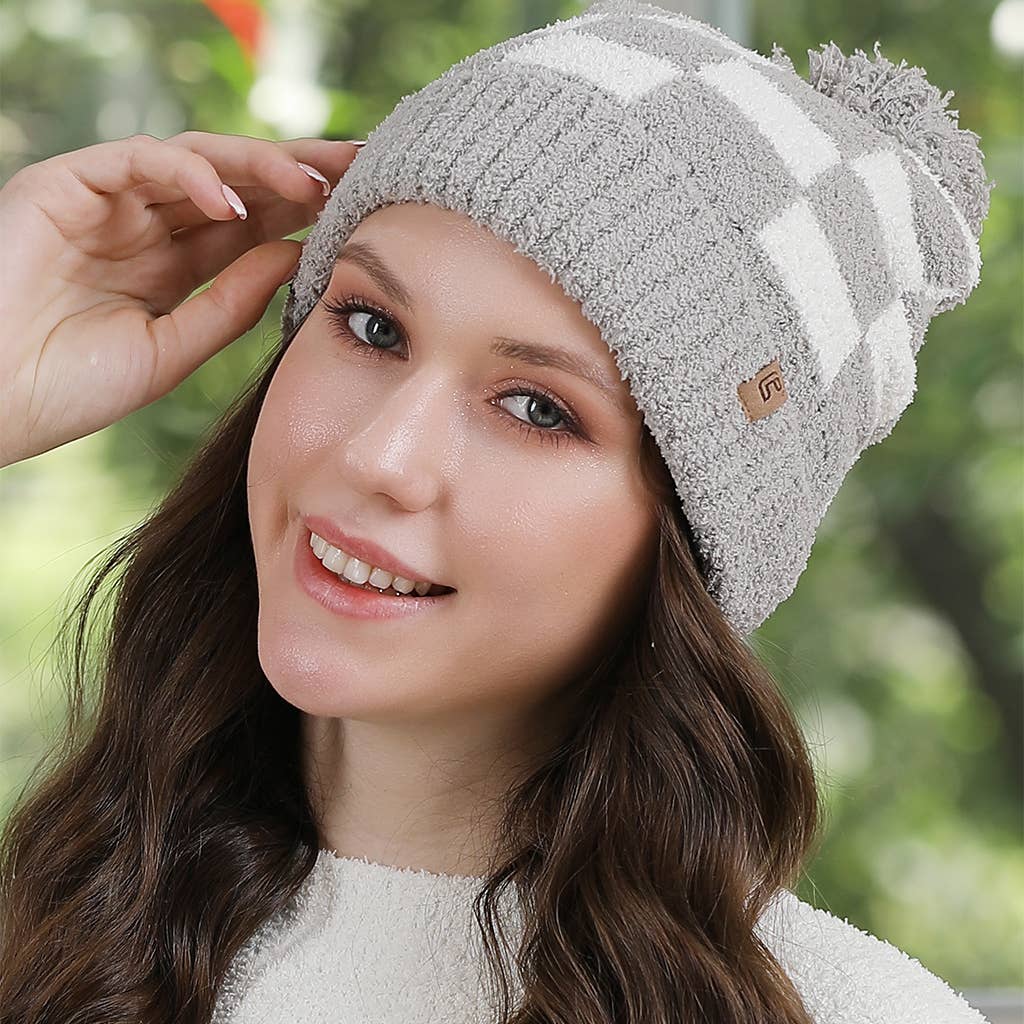 Buffalo Check Pattern Pom Pom Beanie Hat