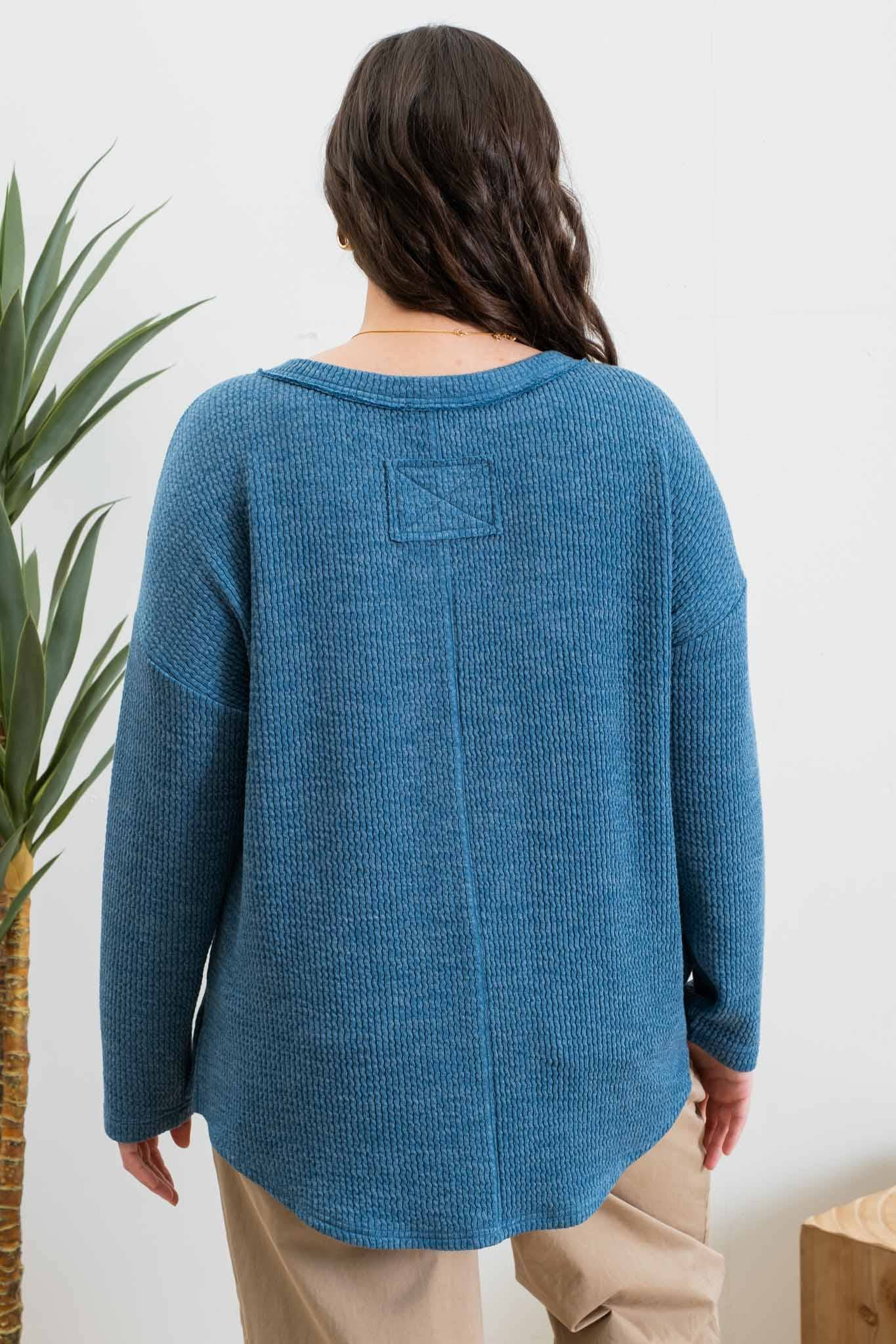 PLUS WAFFLE KNIT HENLEY LONG SLEEVE KNIT TOP