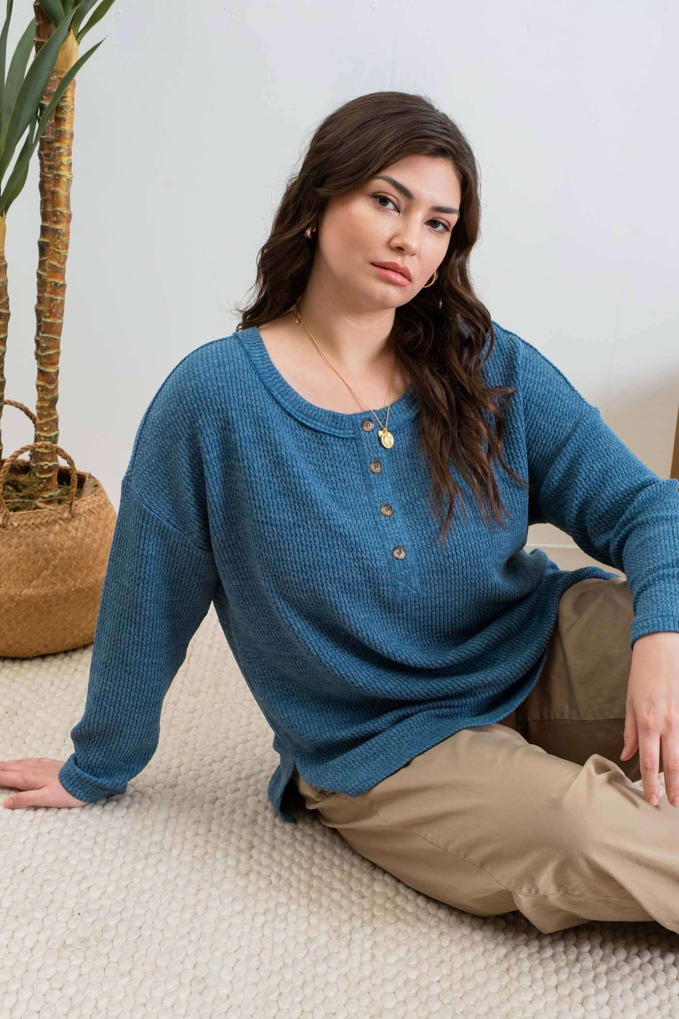 PLUS WAFFLE KNIT HENLEY LONG SLEEVE KNIT TOP