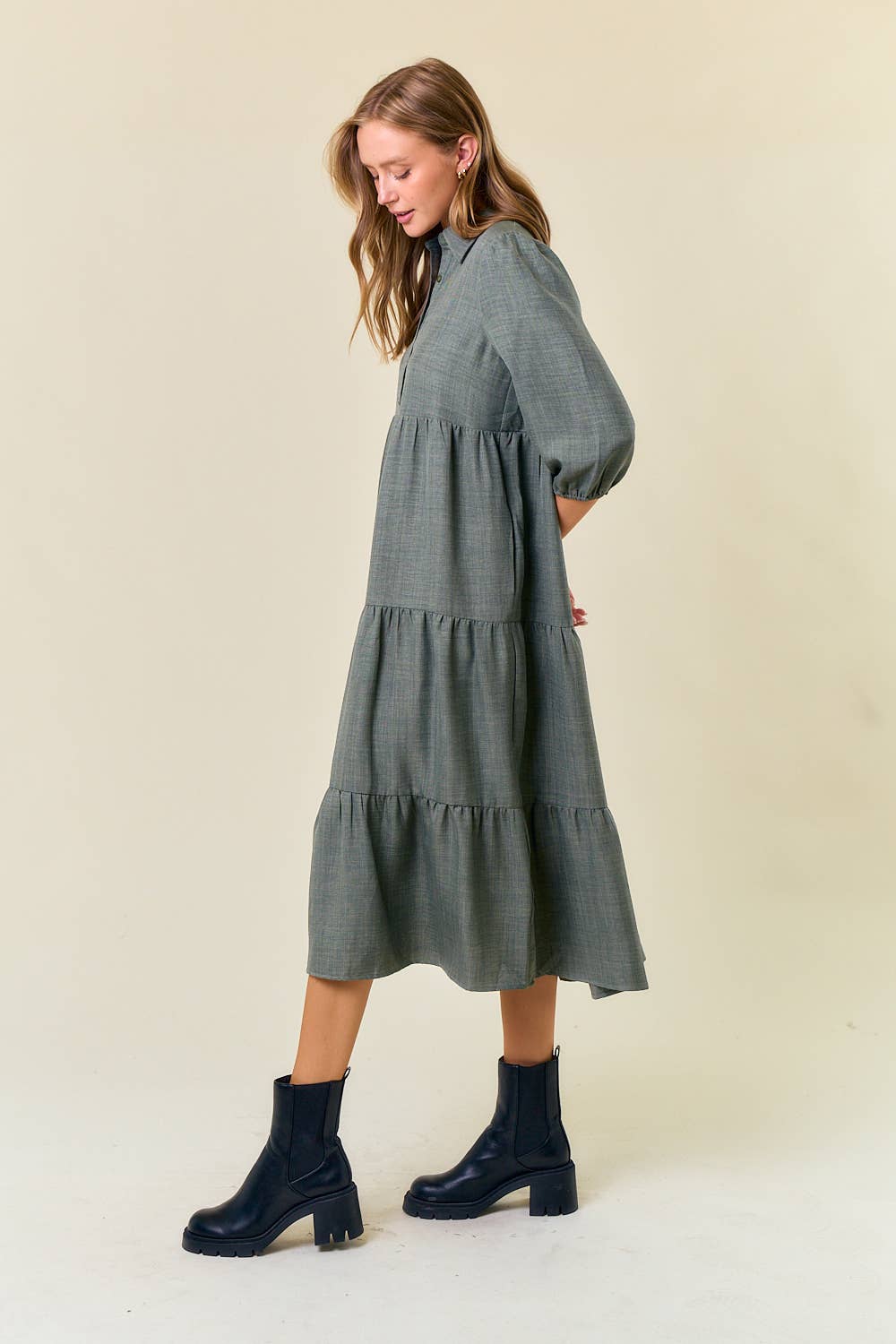 Half Button Down 3/4 Sleeve Tiered Midi Dress