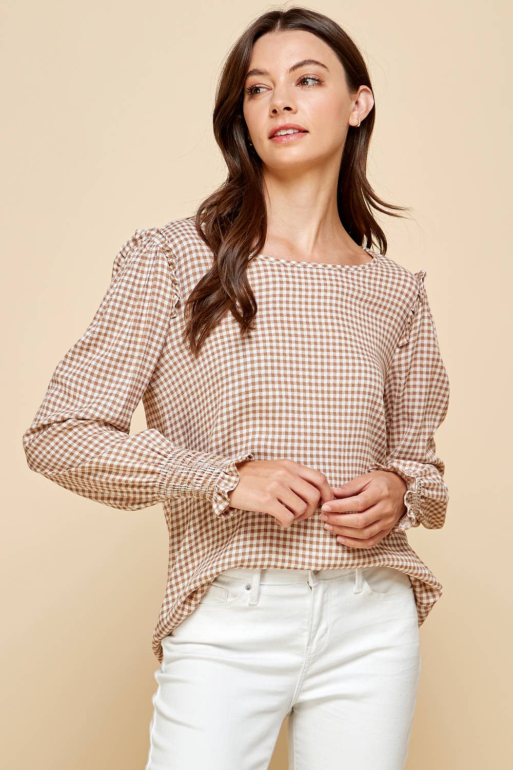 Plaid Top With Smocked Sleeves Detail and Ruffled Shoulder