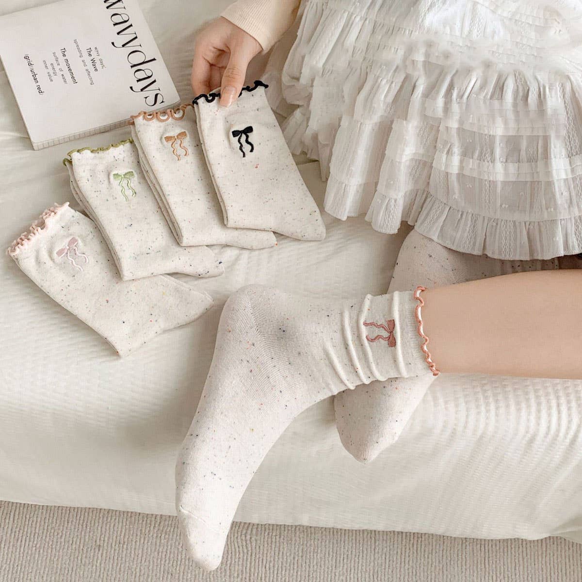 Ruffle Bows Embroidered Socks