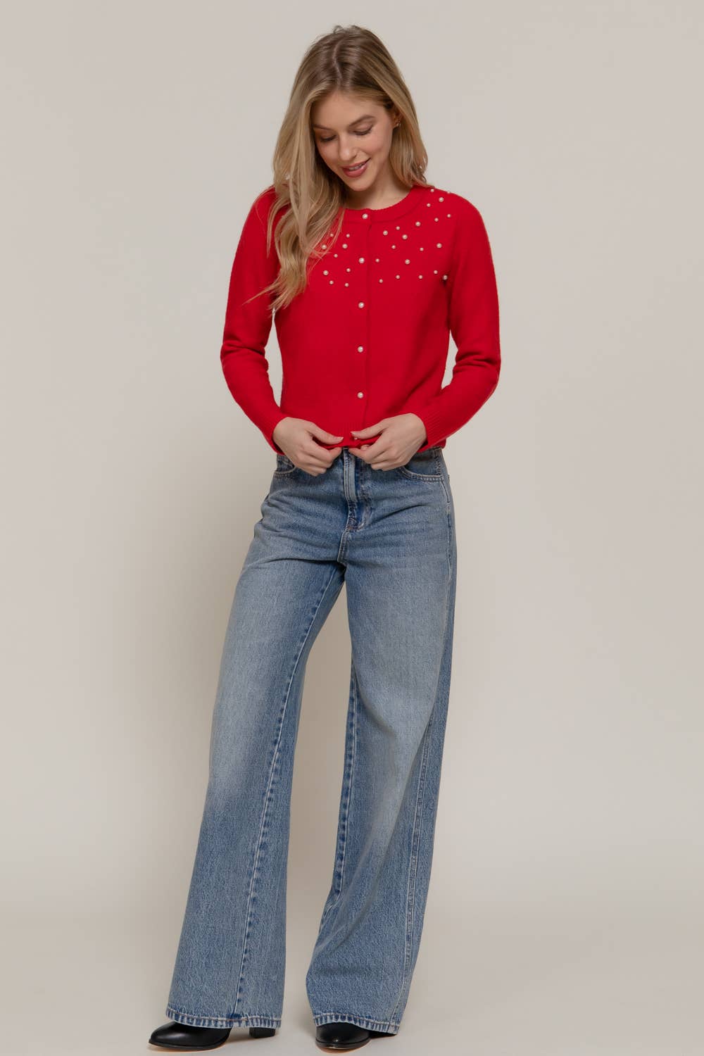 Long Sleeve Round Neck Pearl Embellished Sweater Cardigan