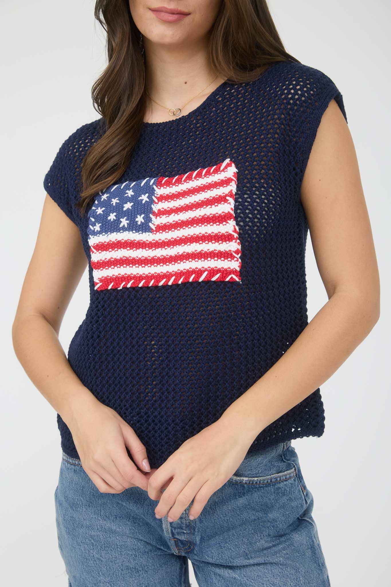 AMERICAN FLAG CROCHET KNIT SWEATER TOP