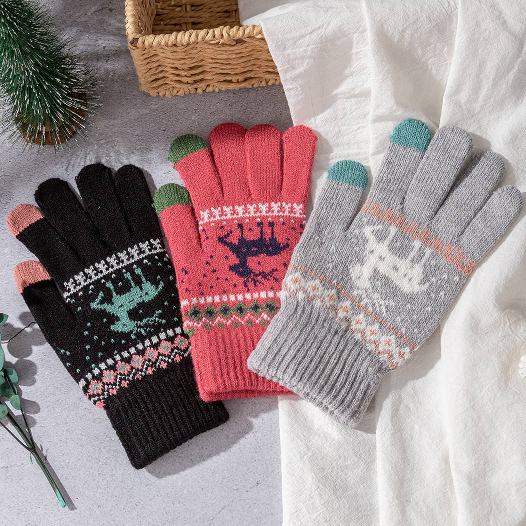 Winter Knit Gloves with Reindeer Pattern-Fair Isle Design