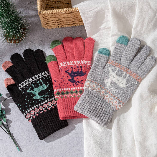 Winter Knit Gloves with Reindeer Pattern-Fair Isle Design