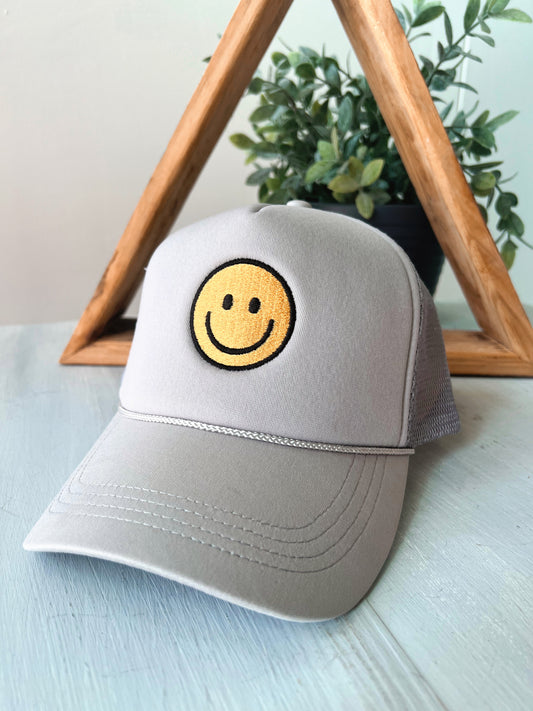 Smiley Face Trucker Hat - Grey