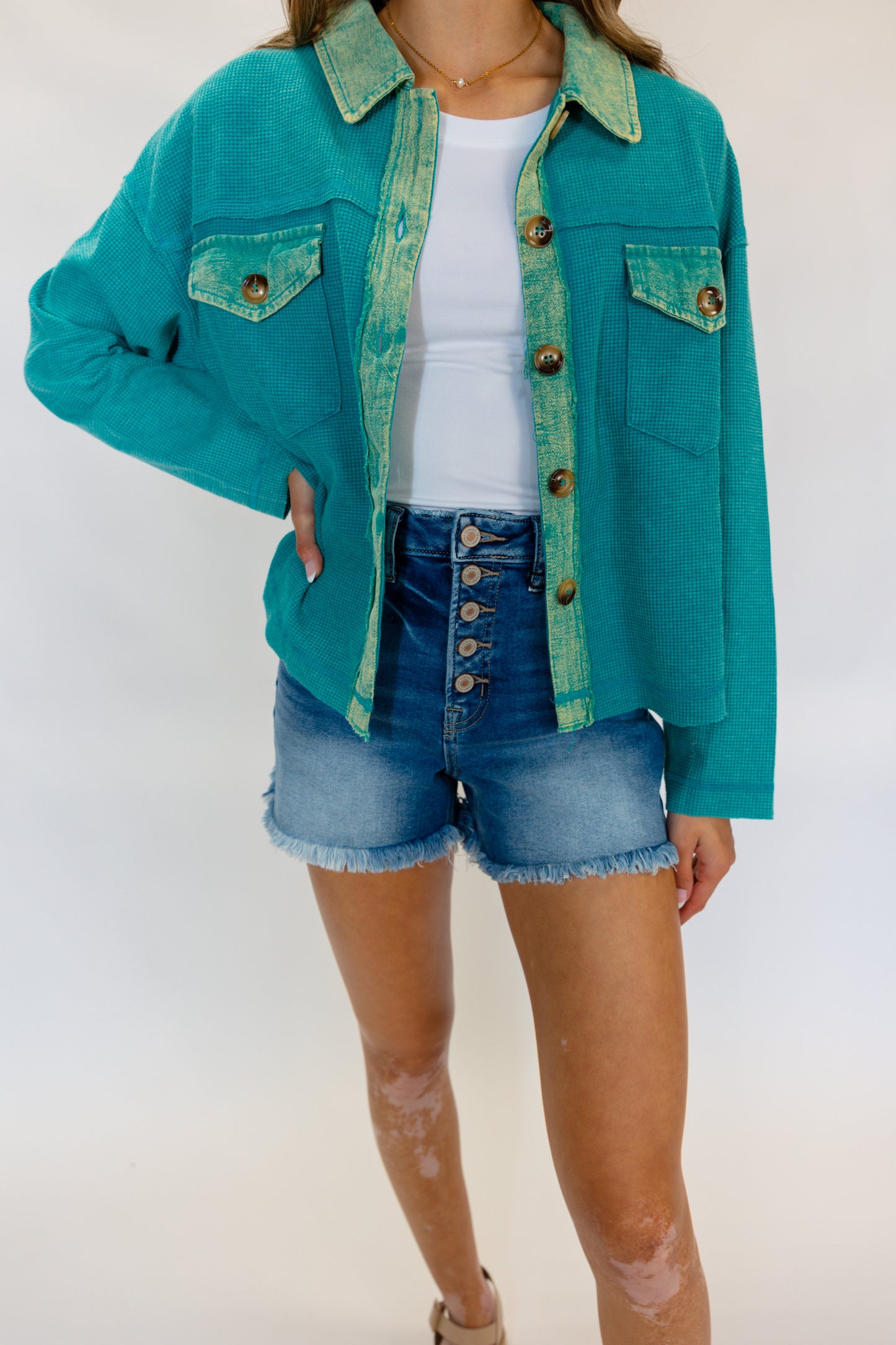 Isla Teal Cropped Button-up Jacket