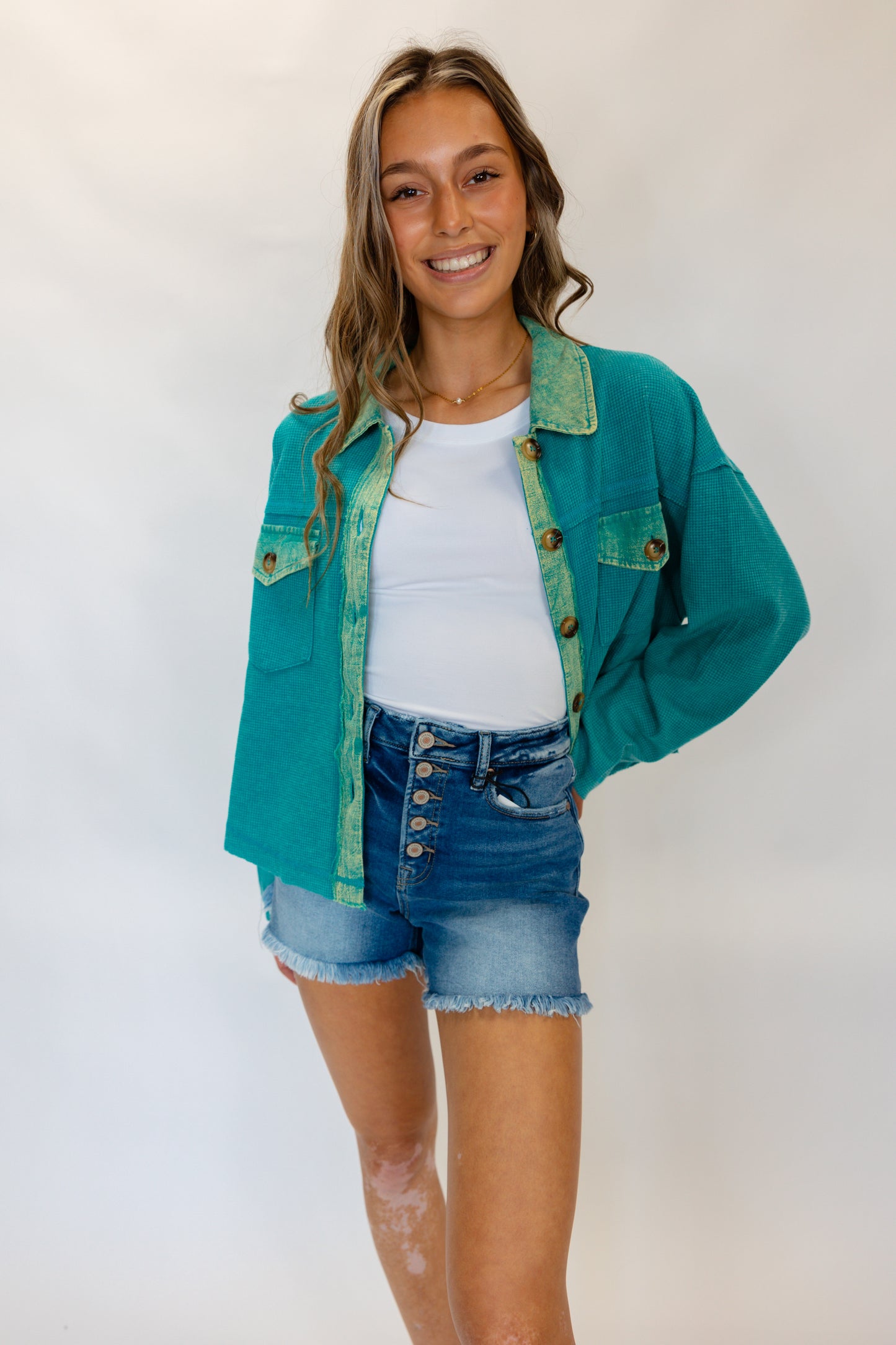 Isla Teal Cropped Button-up Jacket