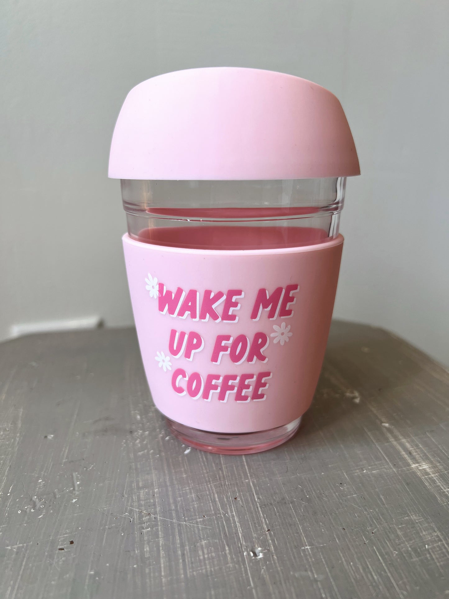 "Wake me up for coffee" Glass Travel Mug